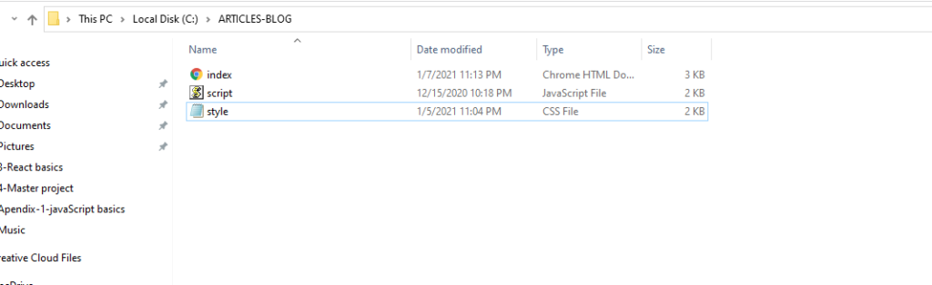 Project folder, screenshot of the folder containing all files