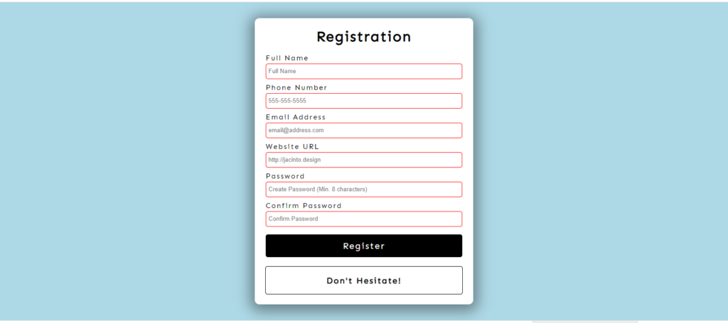 A complete styled registration form